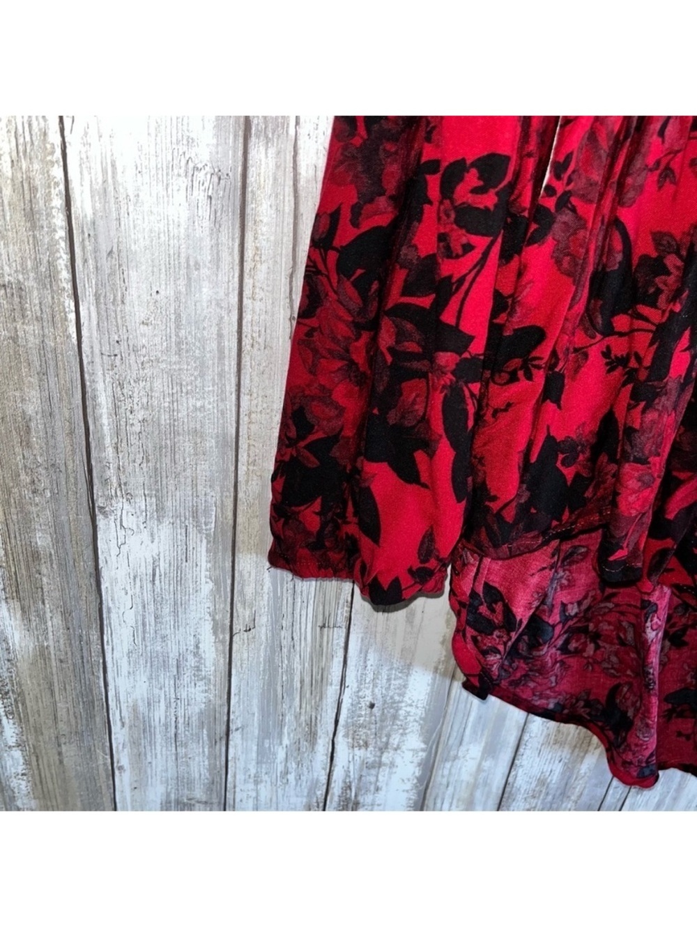Torrid Smocked Babydoll Tunic 2X Red Black Floral Button Front High Low Top - Picture 5 of 8